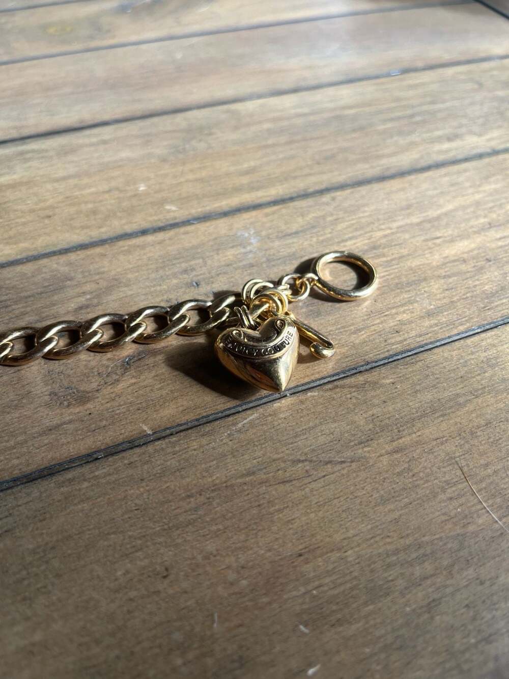 Vintage Juicy Couture Gold-Tone Curb Chain Toggle Bracelet with Heart and J Char